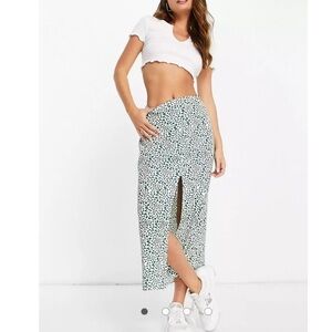 ASOS DESIGN midi skirt with thigh split in green & ivory print